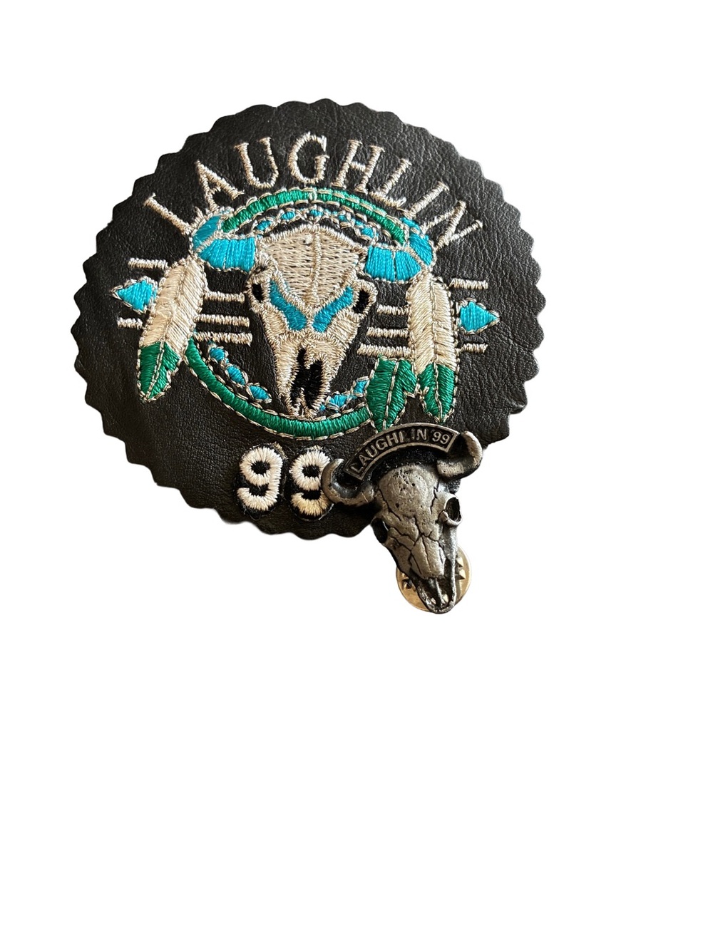 Vintage 1999 Laughlin River Run Leather Biker Patch w/ Bull Skull Pin